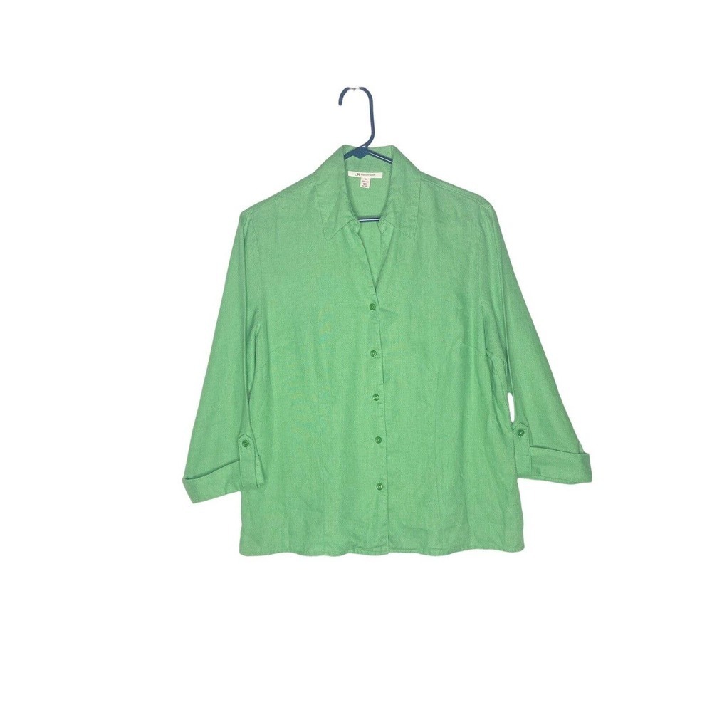 JM COLLECTION Women Sz 10 Linen button down Top 3/4 Sleeve Lagenlook Beach Green